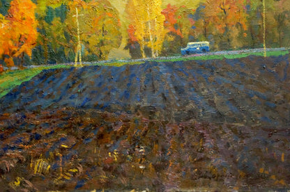Oil painting by Korostelev Vladimir Alexandrovich: blue vintage car on grassy hillside under autumn trees