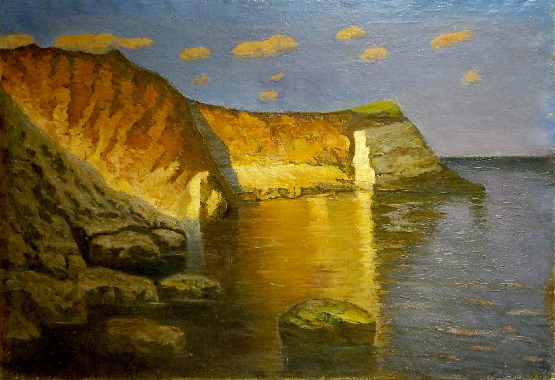 Oil painting Daylight: serene coastal landscape with golden cliffs in calm waters