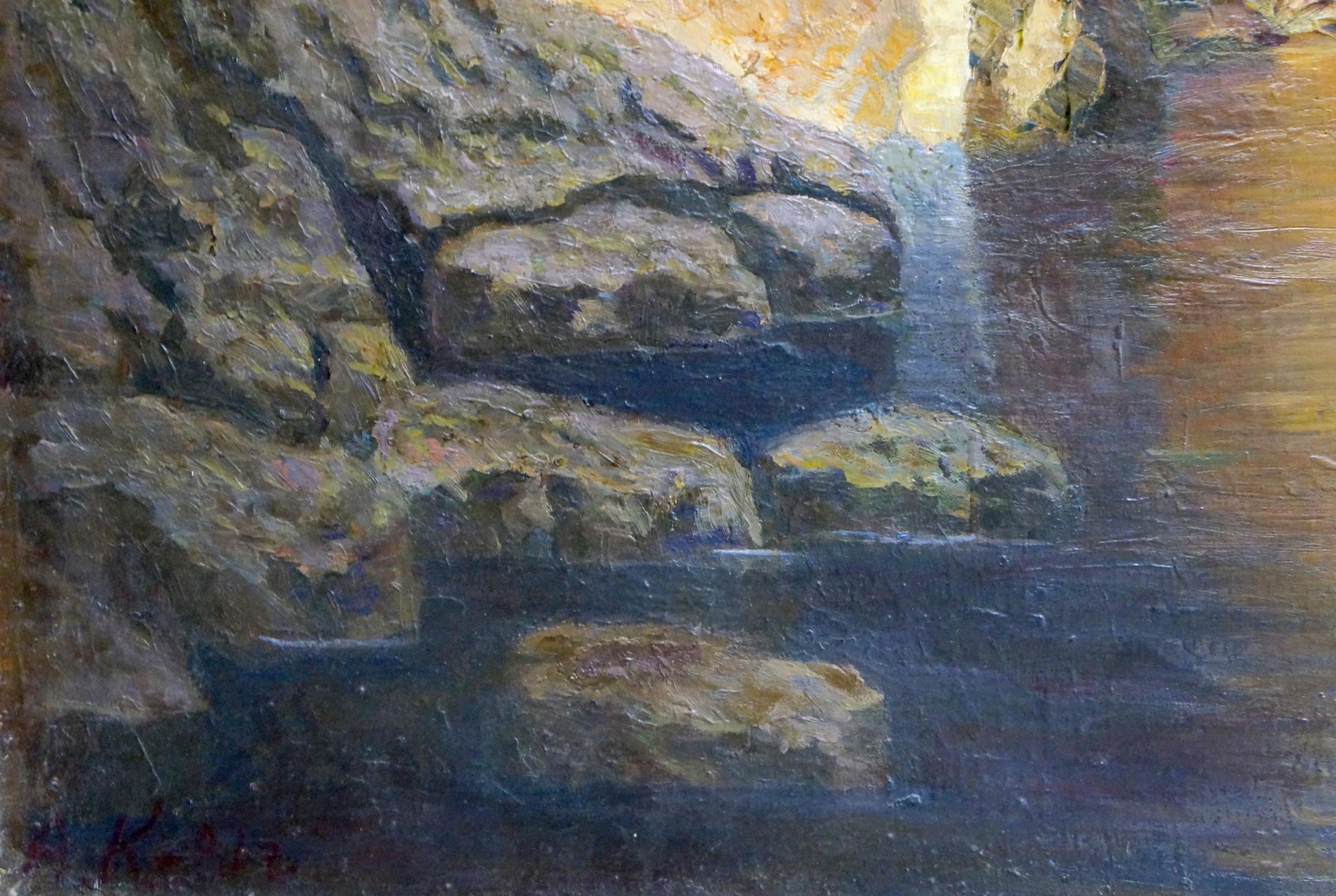 Textured earth-toned oil painting of rugged rocks and cascading waterfall by unknown artist