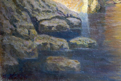 Textured earth-toned oil painting of rugged rocks and cascading waterfall by unknown artist