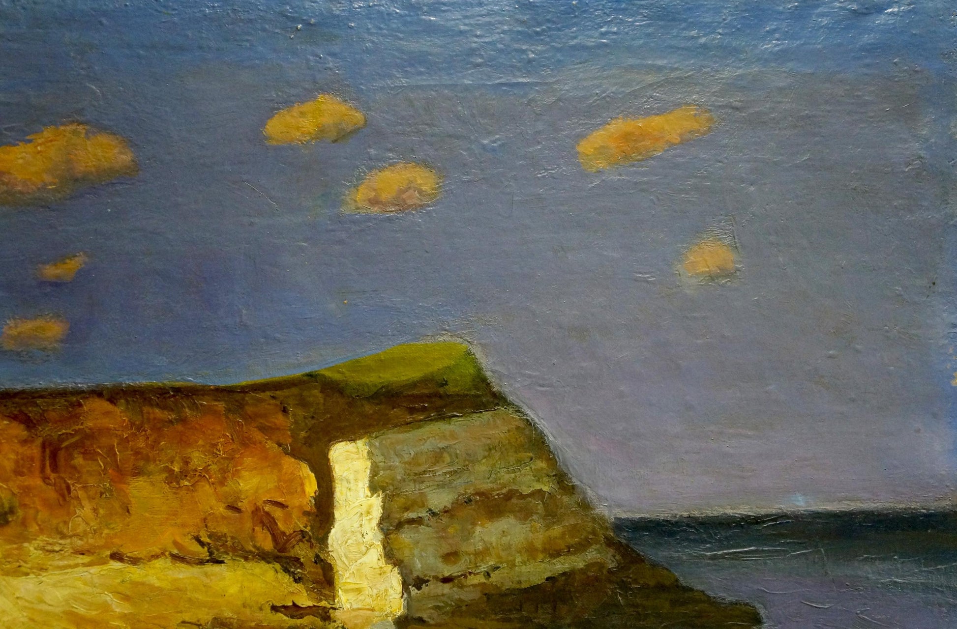 Oil painting Daylight: textured coastal cliff in earthy tones, yellow clouds
