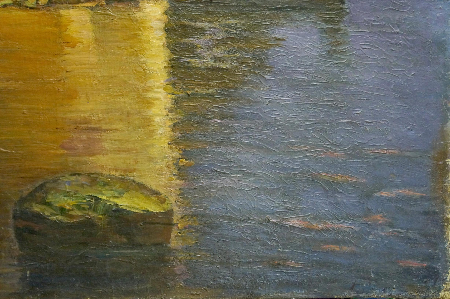 Oil painting Daylight by unknown artist: stone in water with fish silhouettes