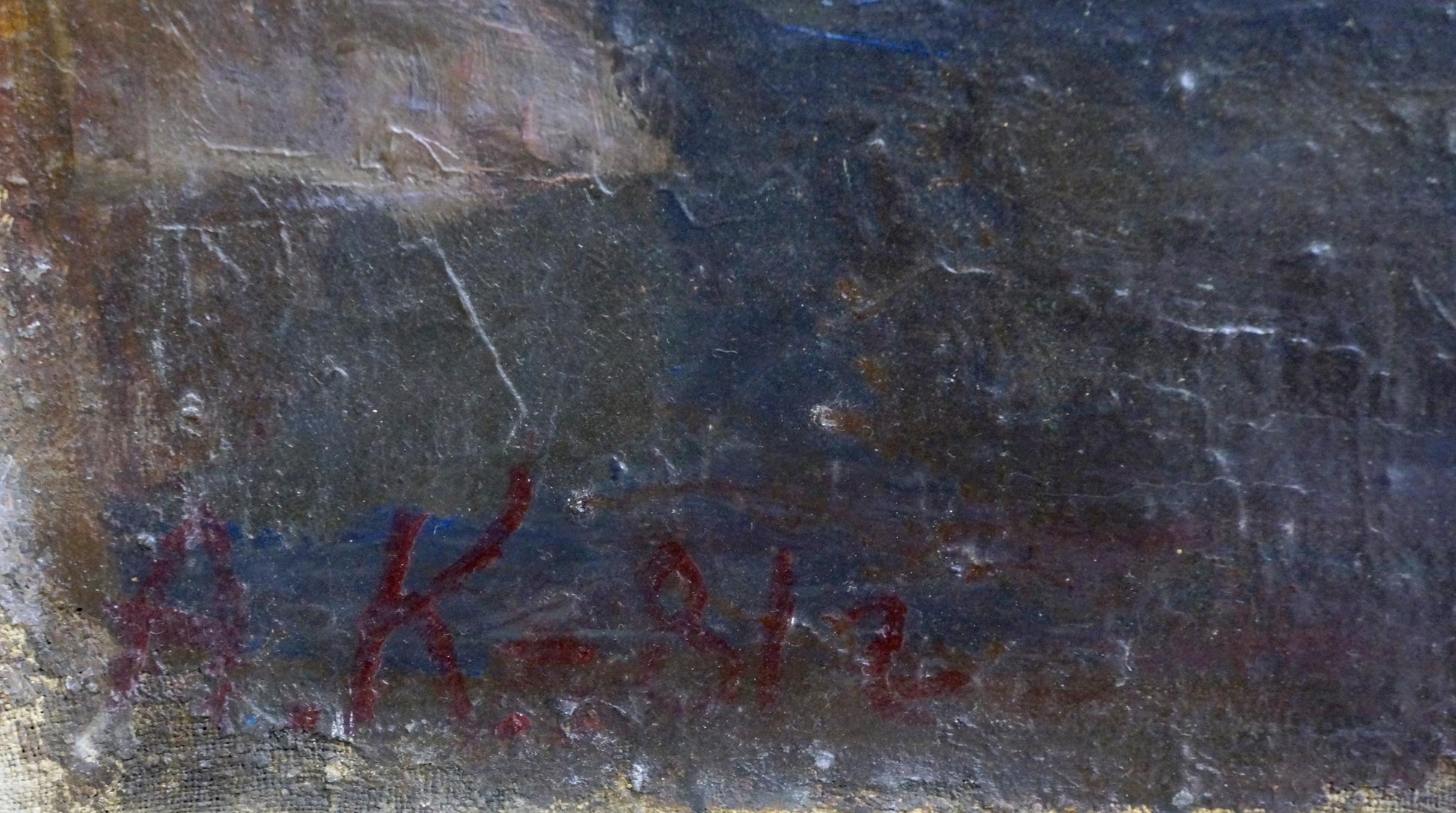 Faded red signature a on back of oil painting Daylight by unknown artist