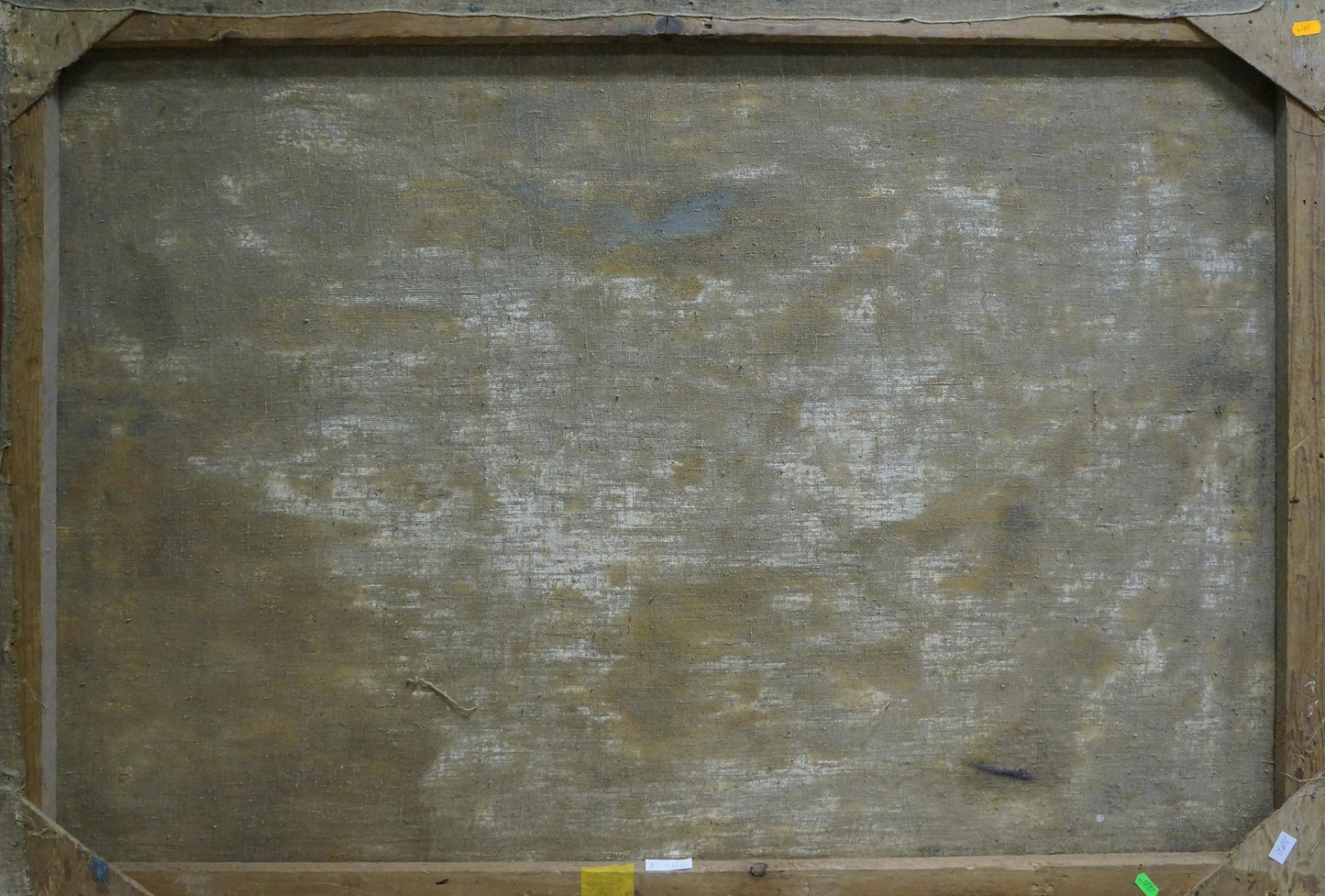 Back of aged linen canvas with wooden stretcher bars, oil painting Daylight