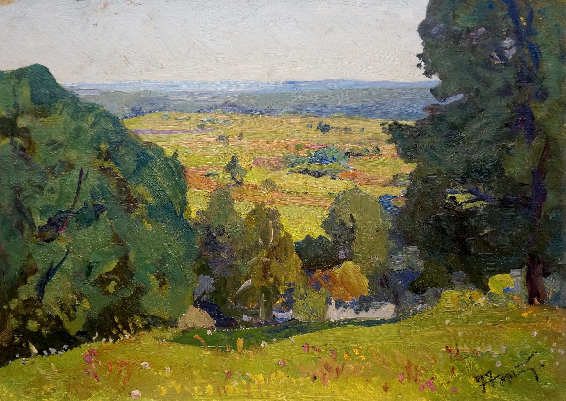 Oil painting Summer Gantman Moses Faybovich: impressionist green trees, yellow field, hills