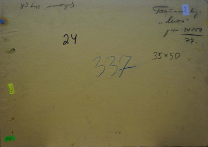 Back of Oil painting Summer Gantman Moses Faybovich with yellowish paper notes and stamps
