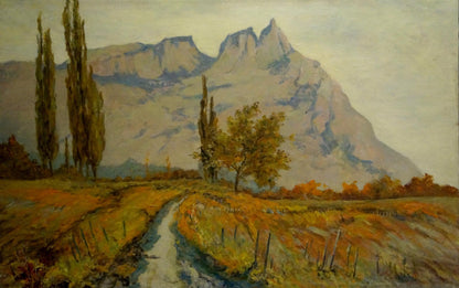 Serene Ferber oil painting of autumn path to mountains