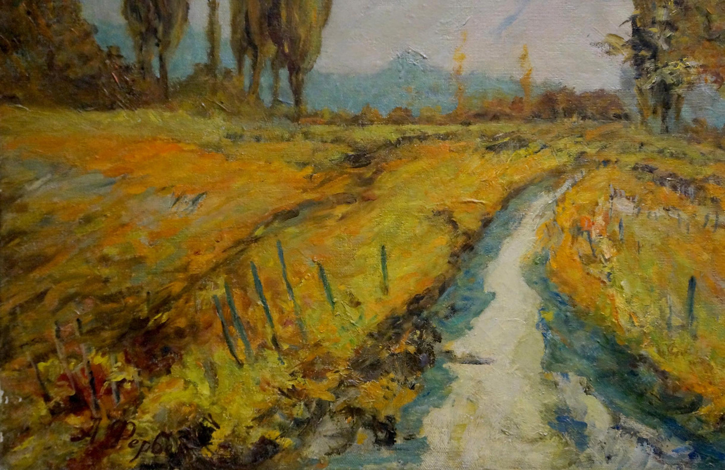 Vibrant impressionist oil painting by Ferber A. of autumn stream in golden fields