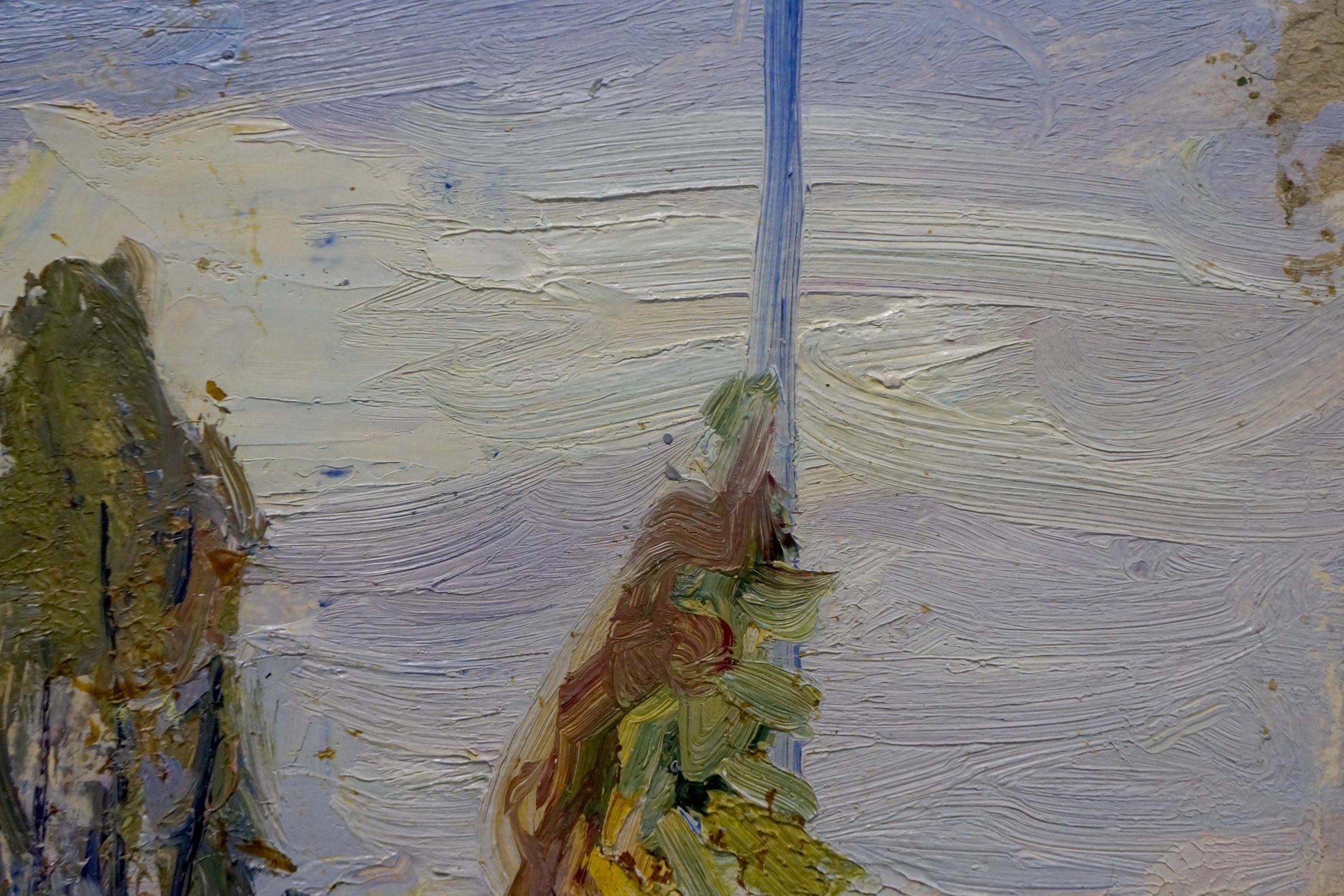 Oil painting by Gantman Moses Faybovich: blue pole in green foliage, lavender sky