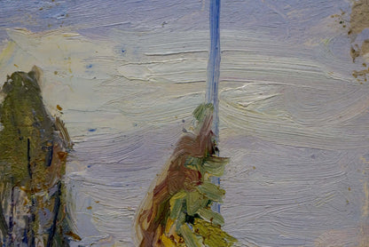 Oil painting by Gantman Moses Faybovich: blue pole in green foliage, lavender sky