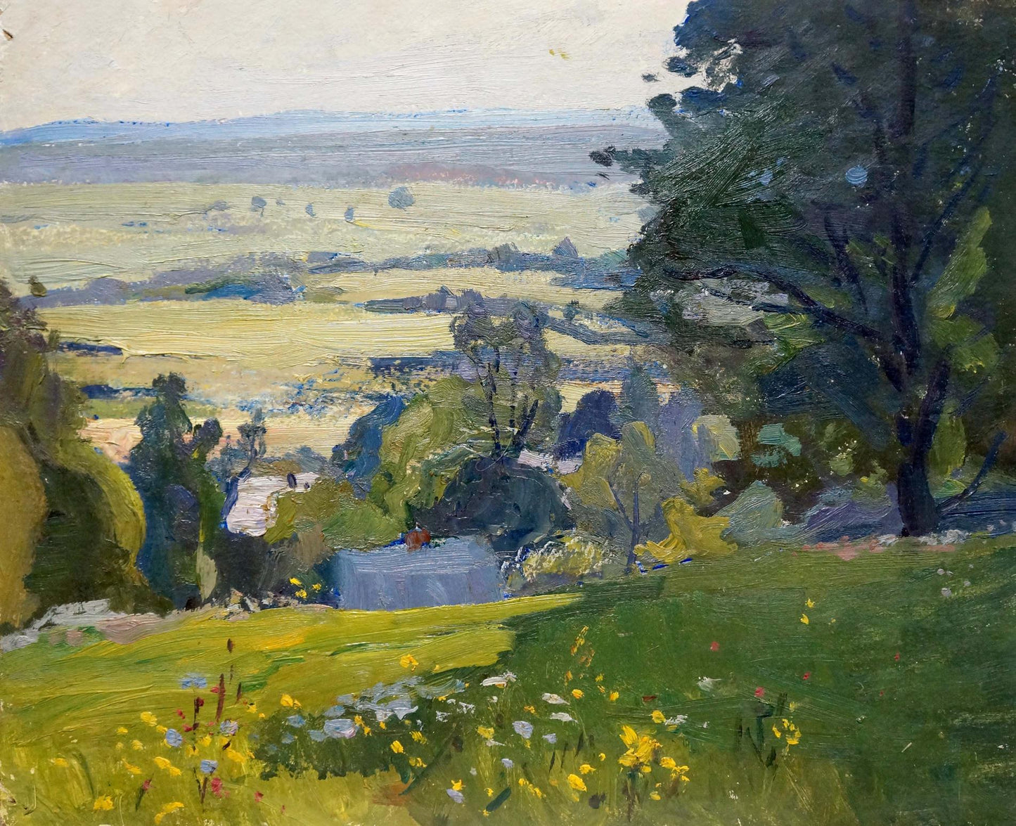 Vibrant impressionist oil painting by Gantman Moses Faybovich: green hills, wildflowers, tree