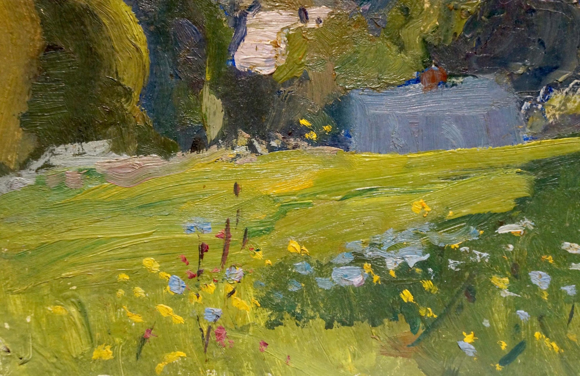 Vibrant impressionist oil painting of sunlit meadow with wildflowers by Gantman Moses Faybovich