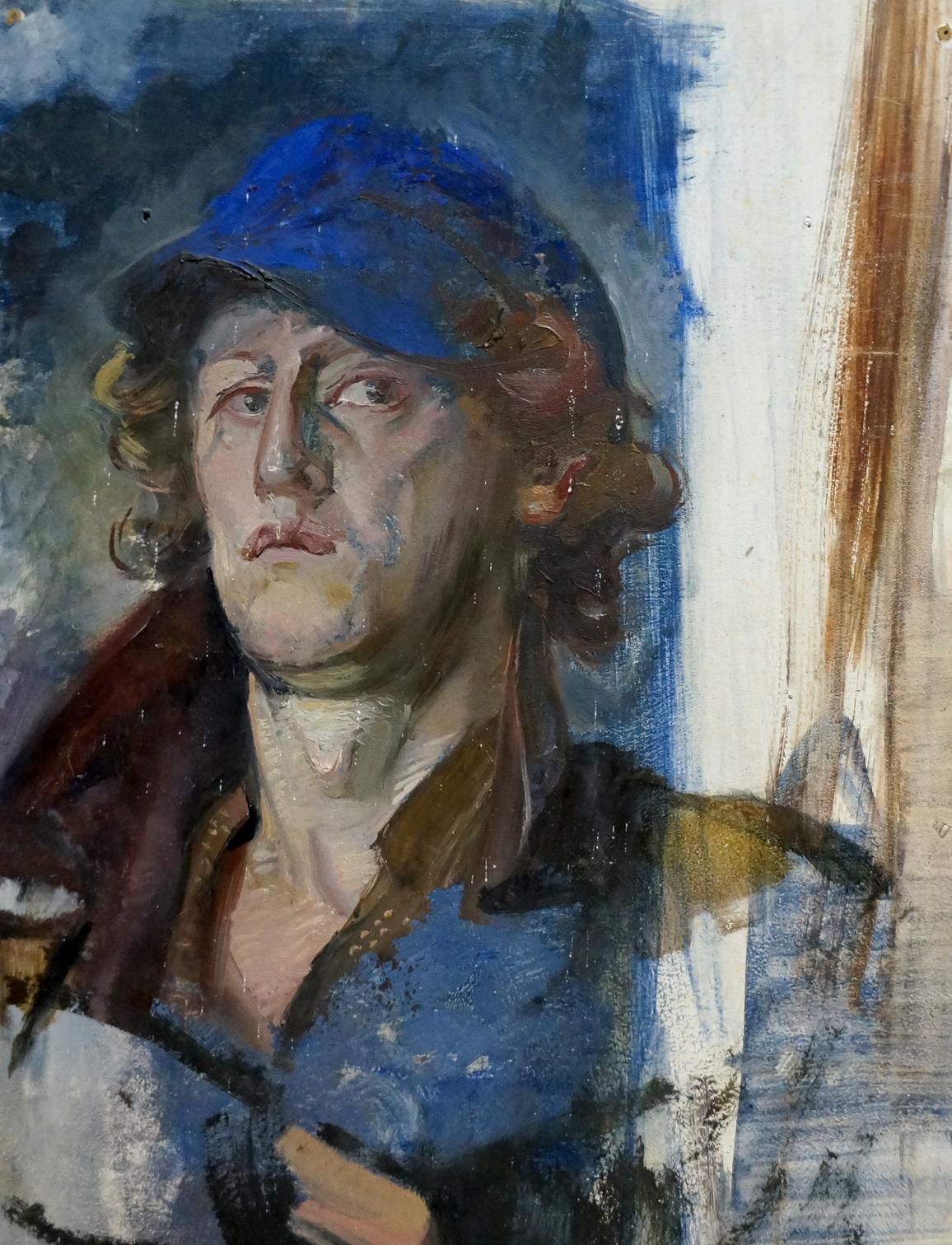 Oil painting portrait of artist in vibrant blue hat and earthy tones