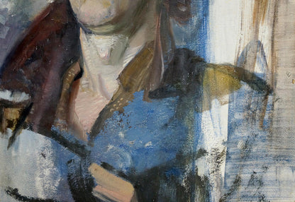 Oil painting Portrait of the Artist with bold blue, brown, white brushstrokes