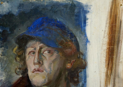 Oil painting portrait of the artist, man in blue hat with curly hair