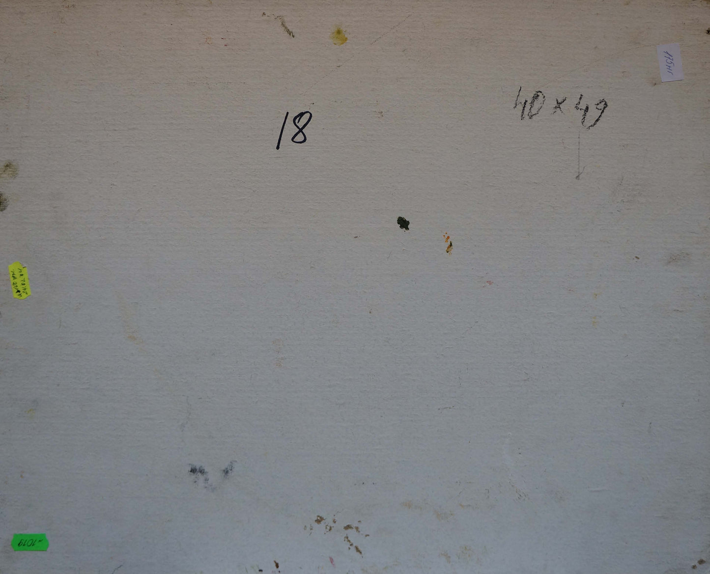 Back of oil painting Summer sunny day Gantman Moses Faybovich on white textured wall with markings and stickers