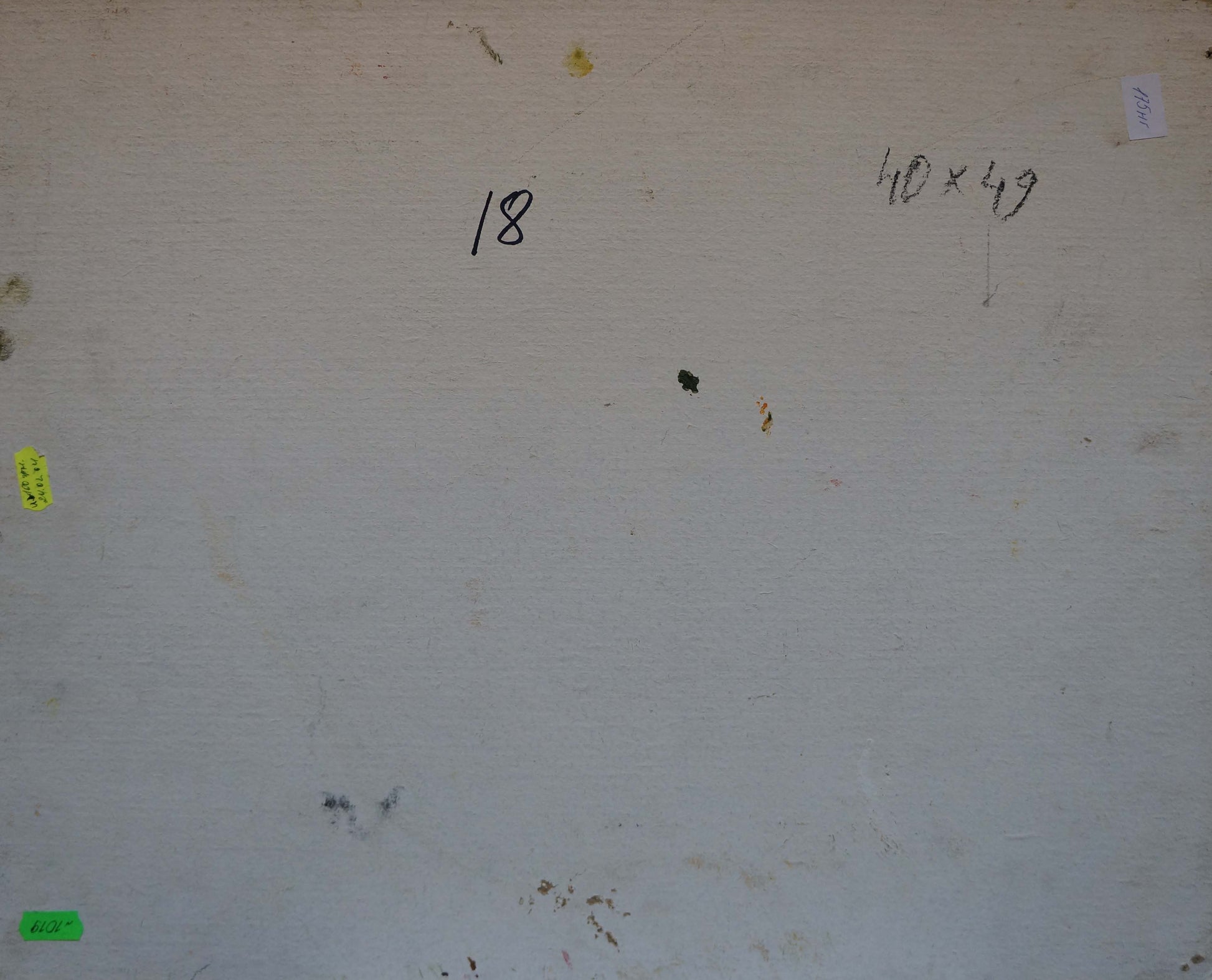 Back of oil painting Summer sunny day Gantman Moses Faybovich on white textured wall with markings and stickers