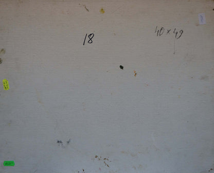 Back of oil painting Summer sunny day Gantman Moses Faybovich on white textured wall with markings and stickers