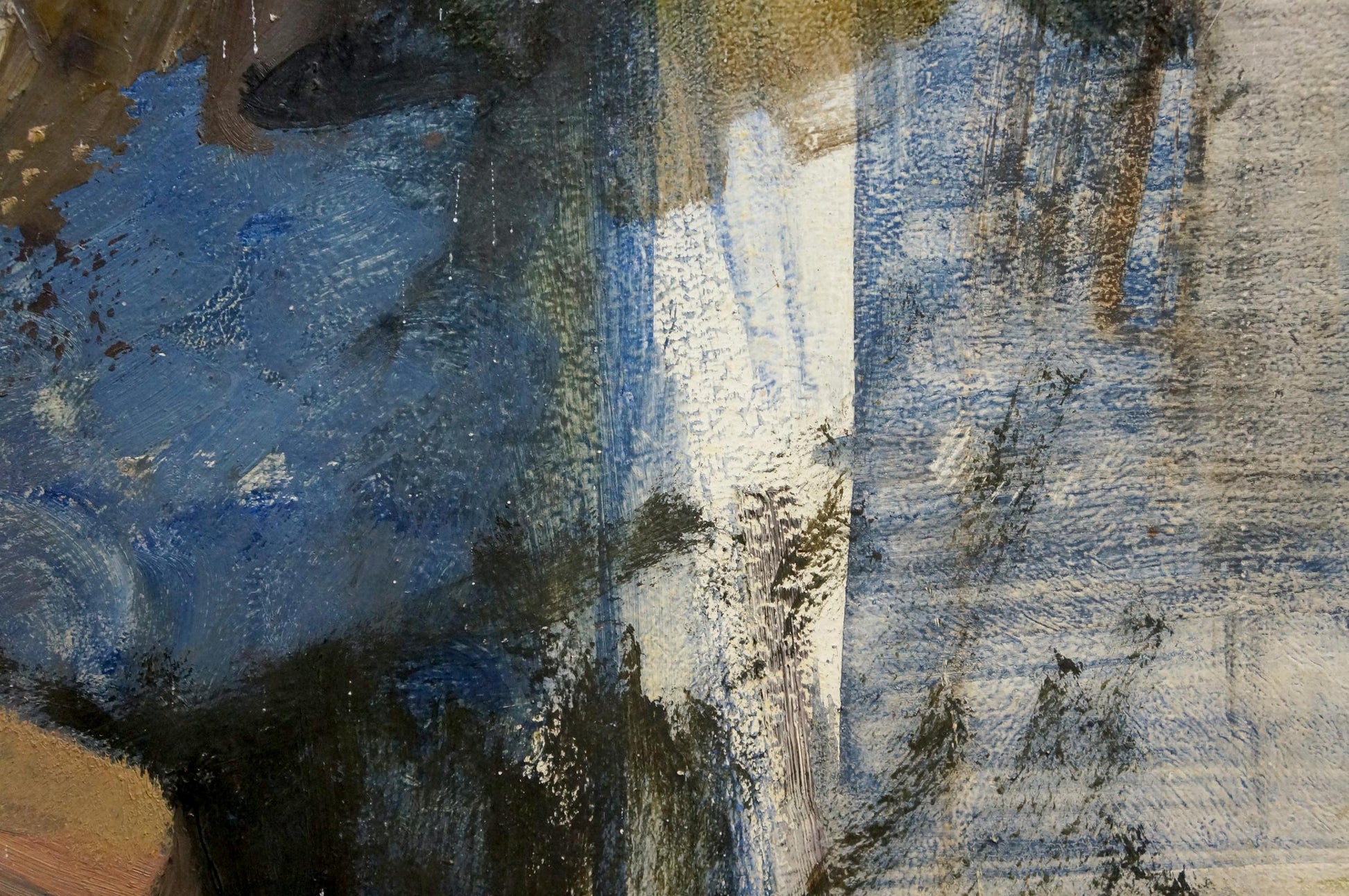 Oil painting Portrait of the artist with blue white earthy textured brushstrokes