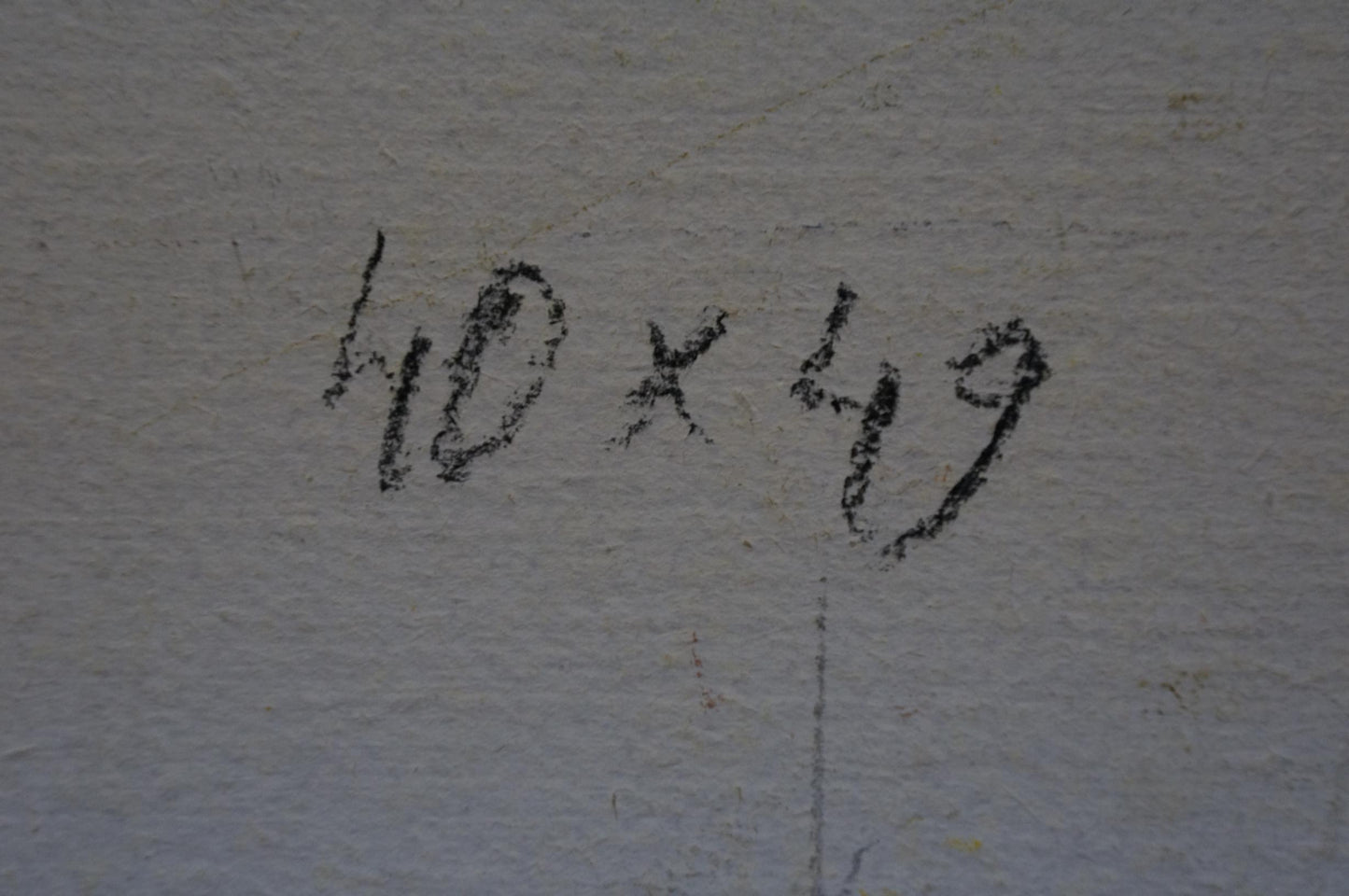 Black chalk markings on textured white wall of Gantman Moses Faybovich oil painting