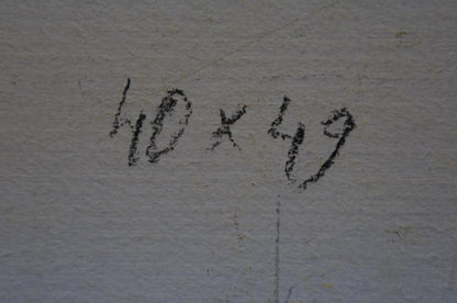 Black chalk markings on textured white wall of Gantman Moses Faybovich oil painting