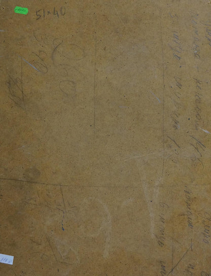Back of Oil painting Portrait of the artist on beige textured canvas with pencil notes