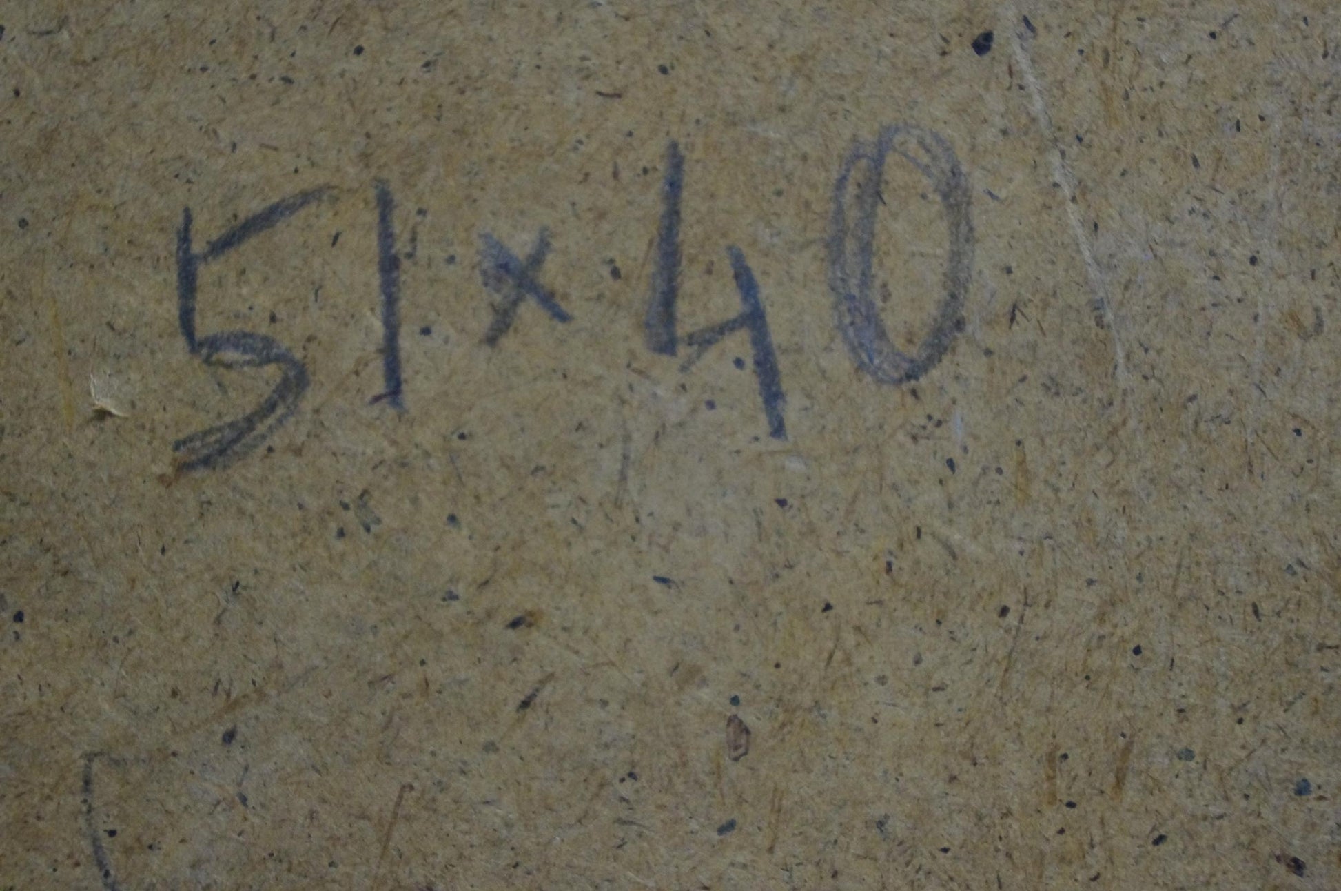 Back of Oil painting Portrait of the artist with handwritten 51x40 in dark blue ink on textured beige-brown surface
