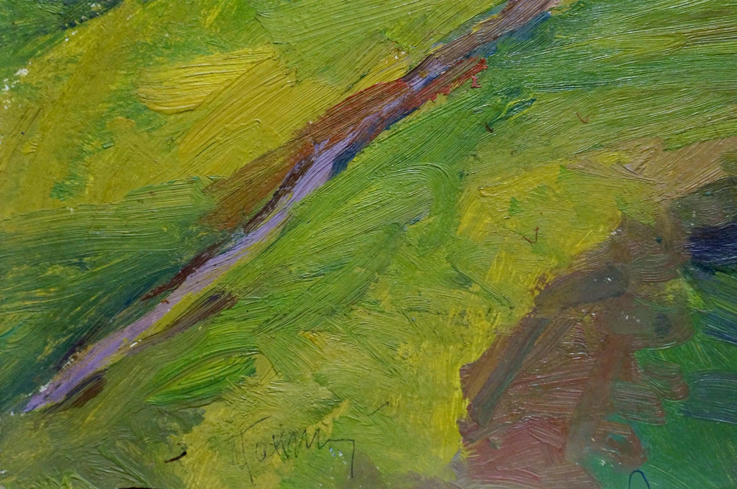 Vibrant impressionist oil painting by Gantman Moses Faybovich, landscape in green, yellow, brown, purple