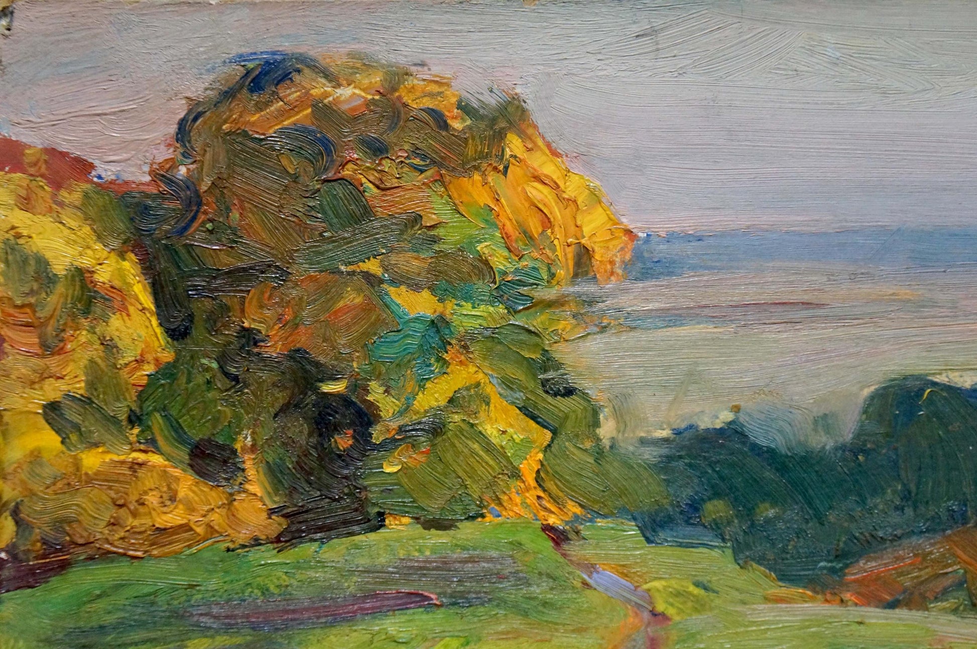 Vibrant impressionist oil painting by Gantman Moses Faybovich of rocky cliffside with autumn foliage