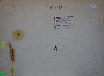 Back of beige canvas Oil painting Landscape Gantman Moses Faybovich with handwritten dimensions and faded blue label