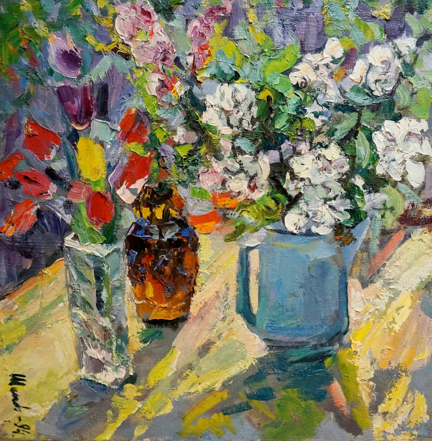 Oil painting of colorful flowers in yard by Aleksandr Maksovich Shilov