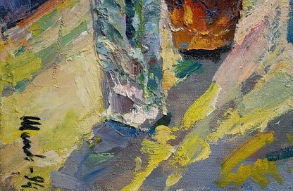 Oil painting Flowers in the Yard by Aleksandr Maksovich Shilov