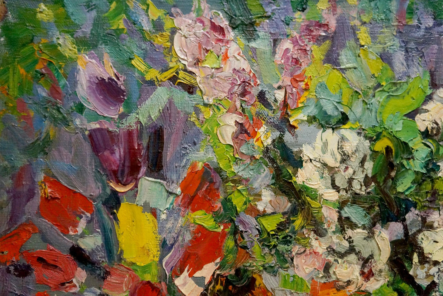 Vibrant impressionist oil painting Flowers in the Yard by Aleksandr Maksovich Shilov