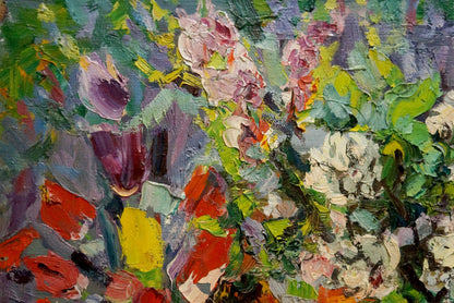 Vibrant impressionist oil painting Flowers in the Yard by Aleksandr Maksovich Shilov