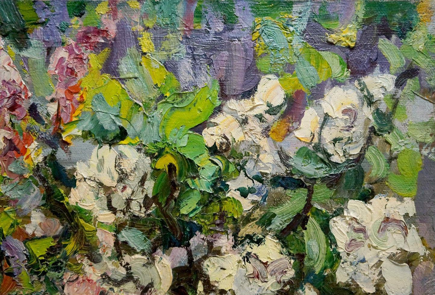 Vibrant impressionist oil painting Flowers in the Yard by Aleksandr Maksovich Shilov