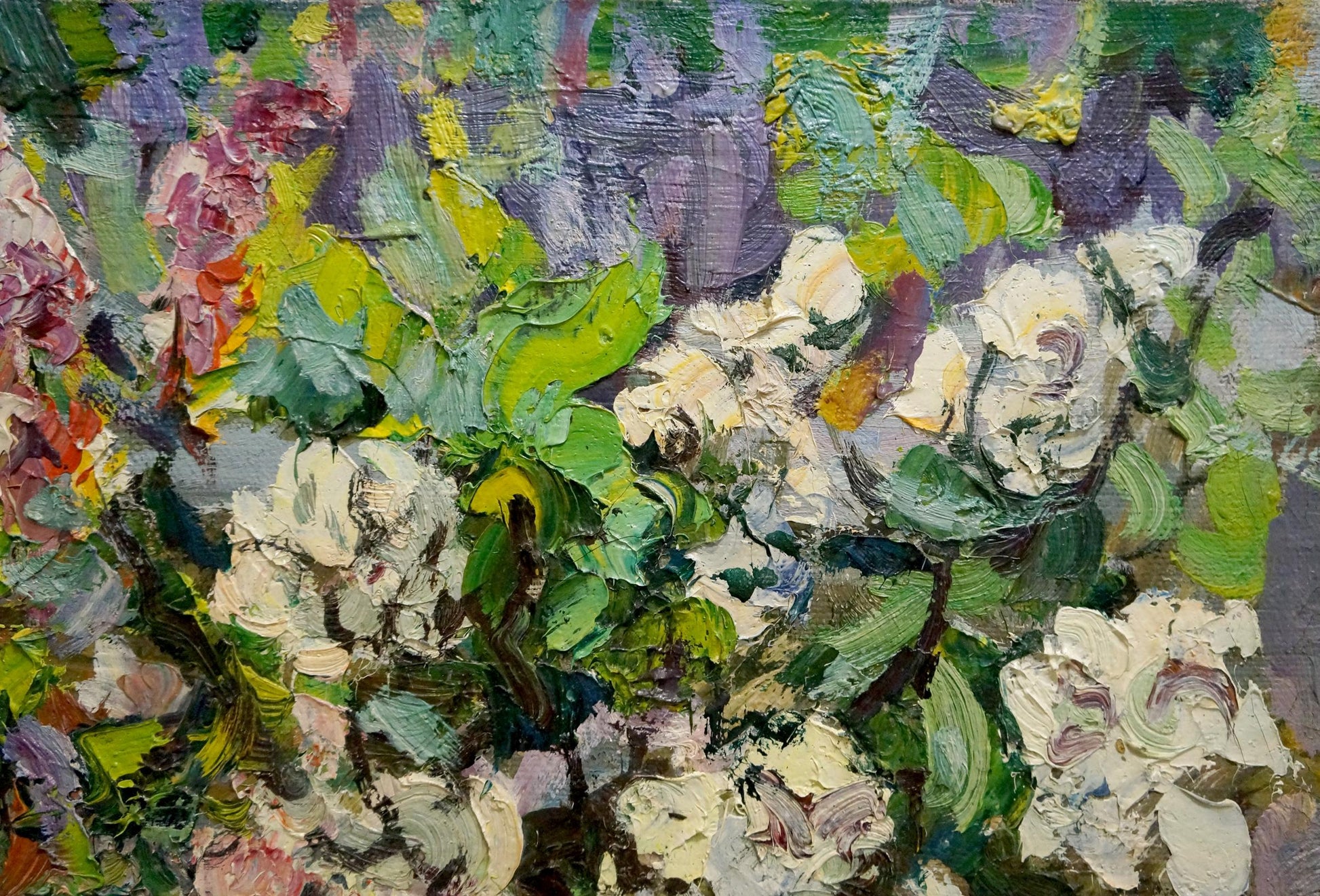 Vibrant impressionist oil painting Flowers in the Yard by Aleksandr Maksovich Shilov