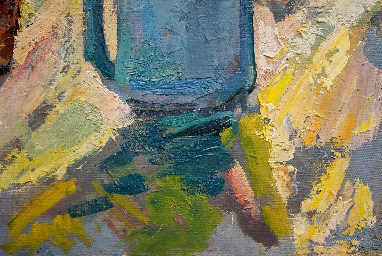 Textured blue glass jar of Oil painting Flowers in the yard by Aleksandr Maksovich Shilov