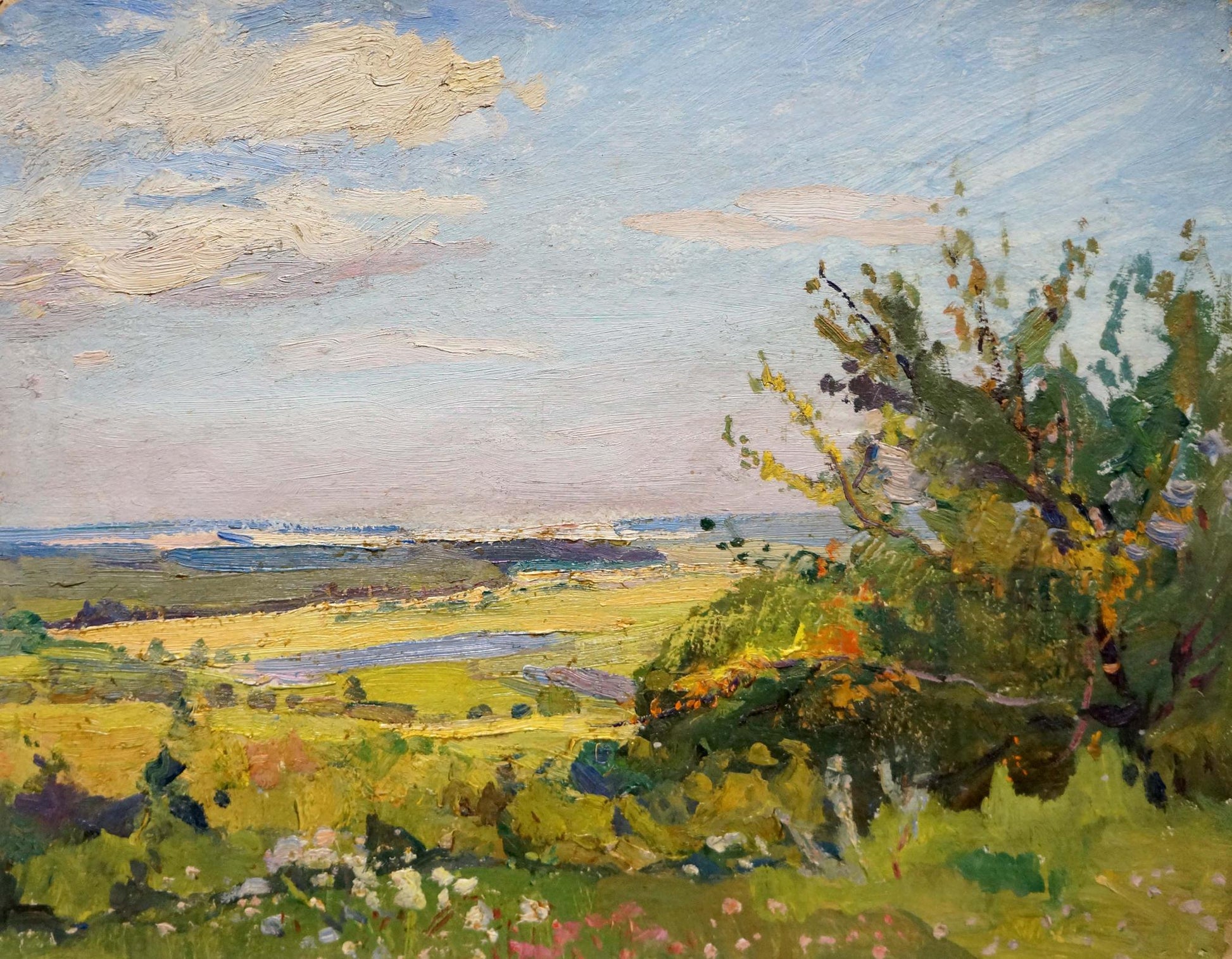 Impressionistic oil painting by Gantman Moses Faybovich: green hills, vibrant foliage