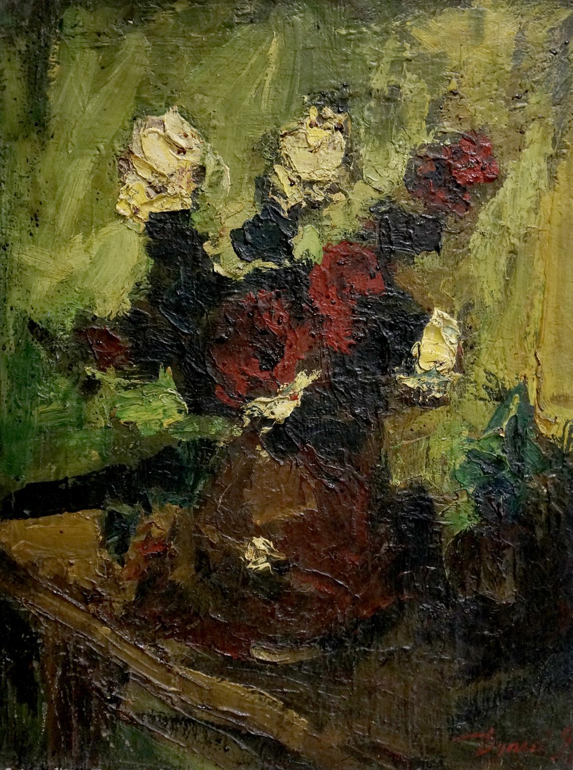 Textured oil painting of red and cream roses by Dupliy Sergey Alexandrovich