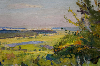 Vibrant impressionist oil painting by Gantman Moses Faybovich with green fields and river