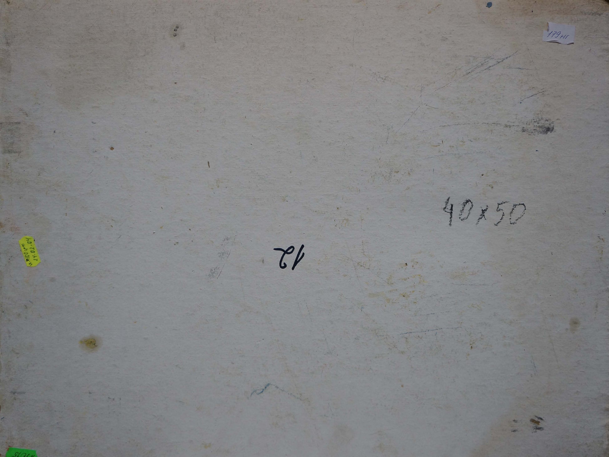 Back of beige canvas oil painting by Gantman Moses Faybovich with handwritten dimensions