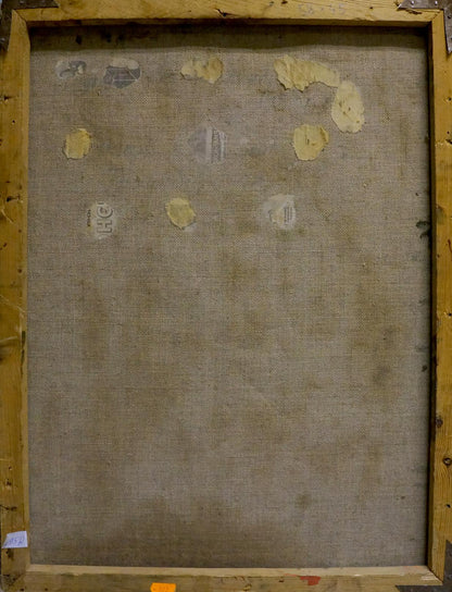 Back of framed Oil painting Red and white roses by Dupliy Sergey Alexandrovich with weathered beige linen and adhesive residue