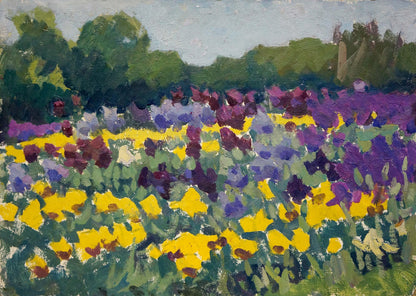 Vibrant yellow purple wildflower field impressionist oil painting by Pokulity Konstantin Ivanovich