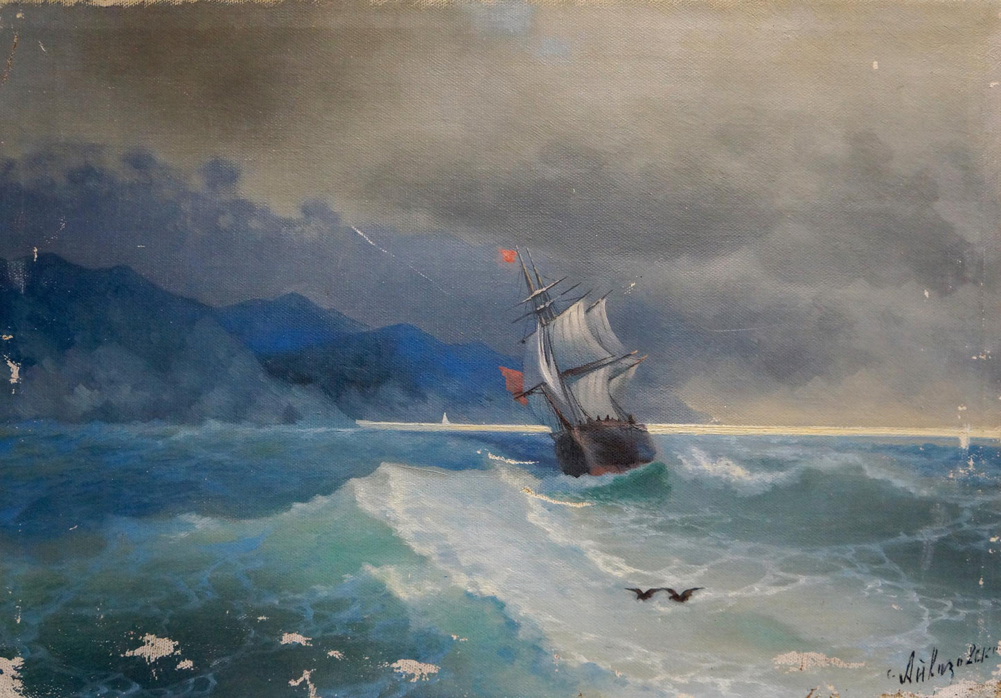 Oil painting of ship caught in storm by unknown artist