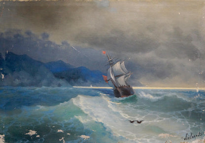 Oil painting of ship caught in storm by unknown artist