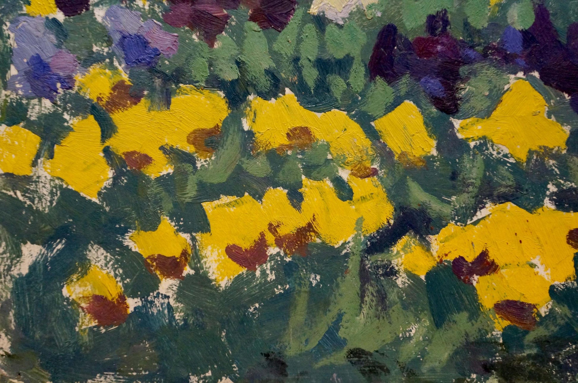 Vibrant impressionist oil painting of yellow flowers by Pokulity Konstantin Ivanovich