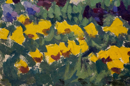 Vibrant impressionist oil painting of yellow flowers by Pokulity Konstantin Ivanovich