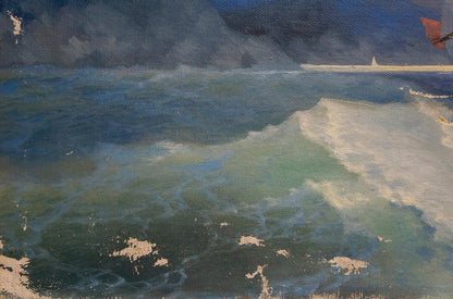 Oil painting of ship caught in stormy ocean waves, deep blues and textured brushstrokes