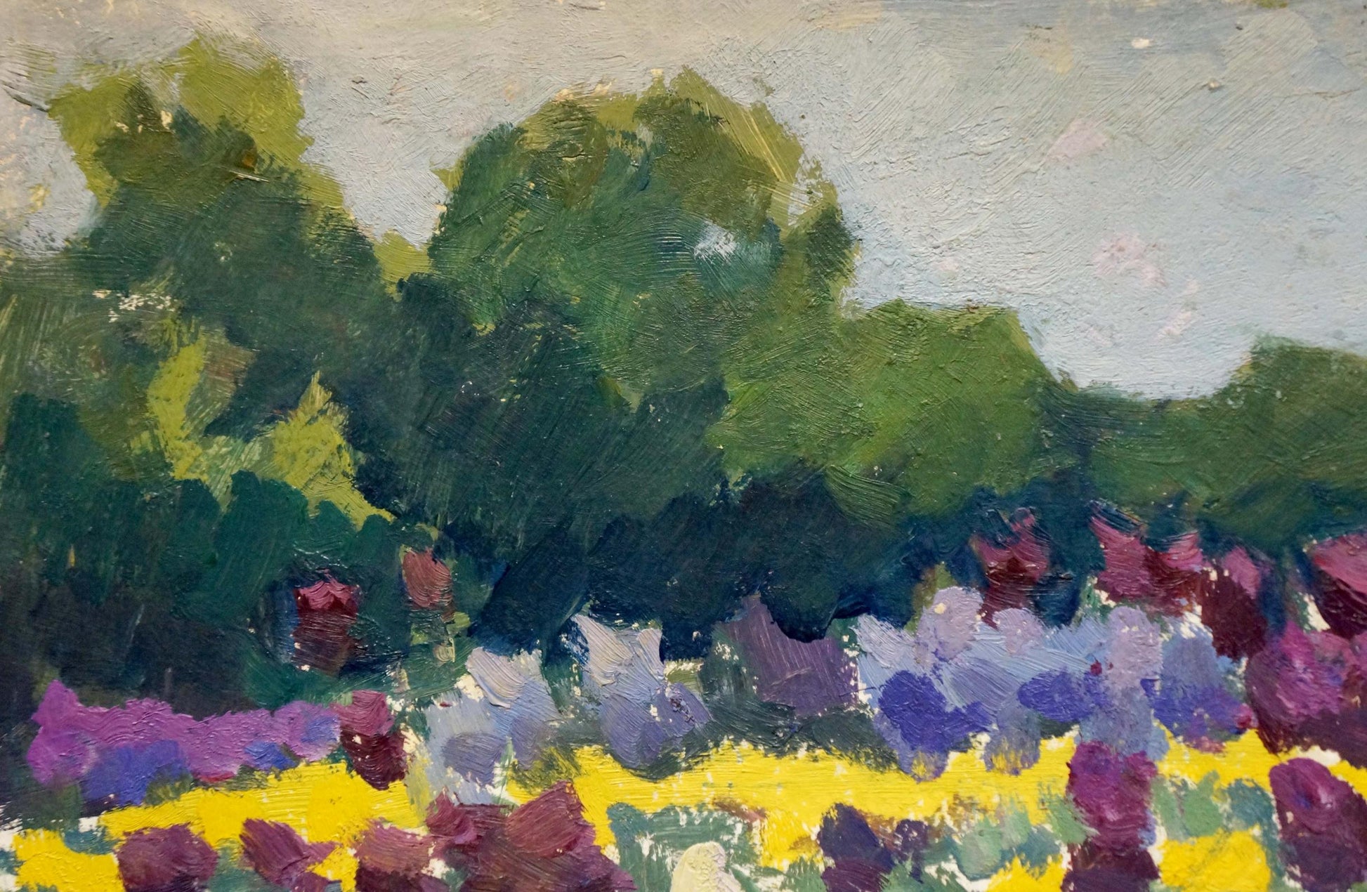 Vibrant oil painting of yellow purple flower field by Pokulity Konstantin Ivanovich