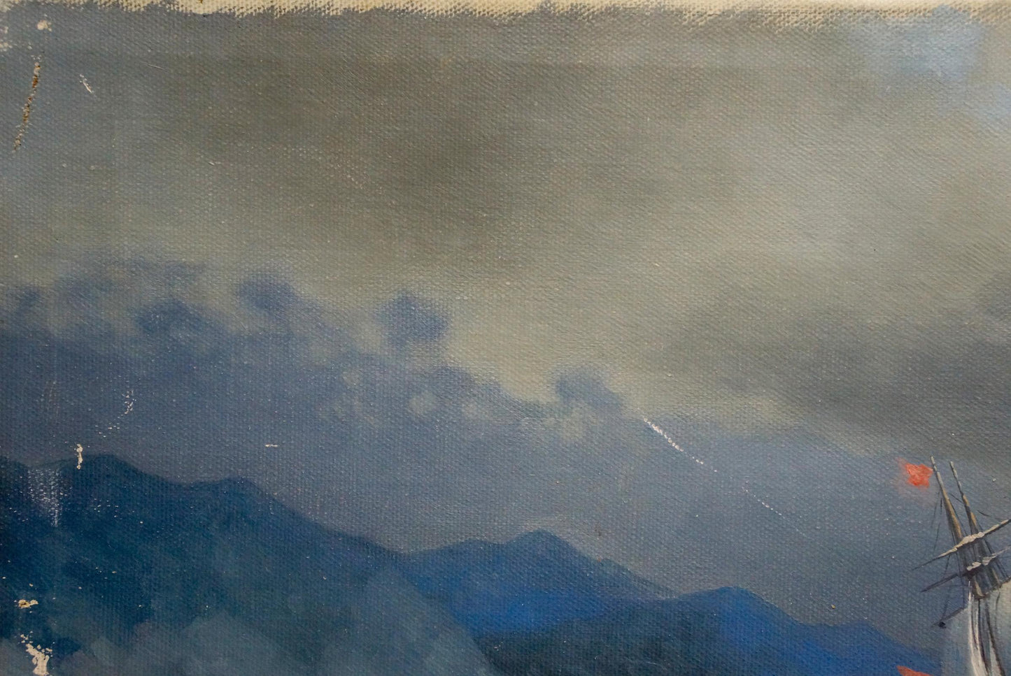 Oil painting of ship caught in storm with red flag, moody sky, dark mountains